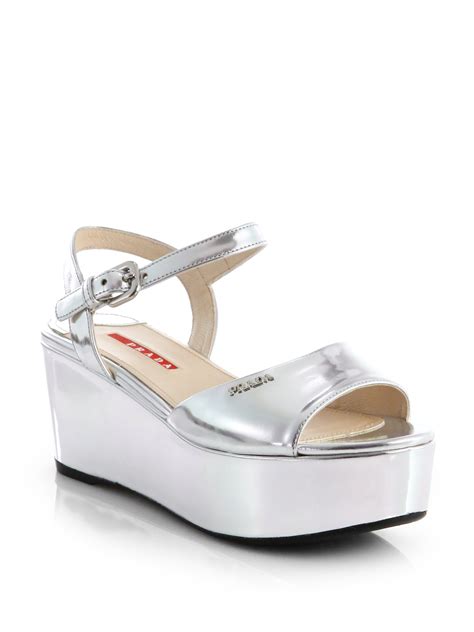 prada silver wedge shoes|Prada high heels shoes.